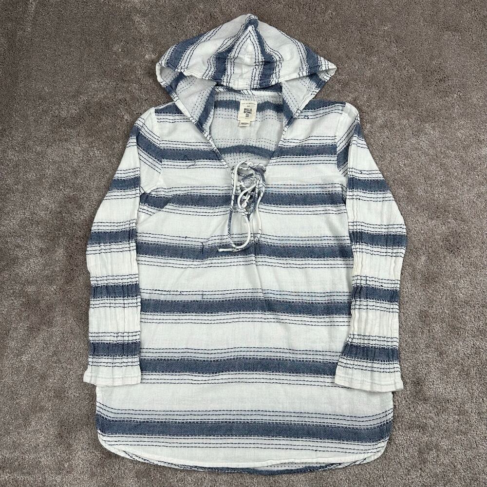 Billabong Striped Lace-Up Hooded Beach Tunic Cover-Up Pullover Boho Surf Size M